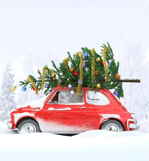 Red car with a christmas tree on top
