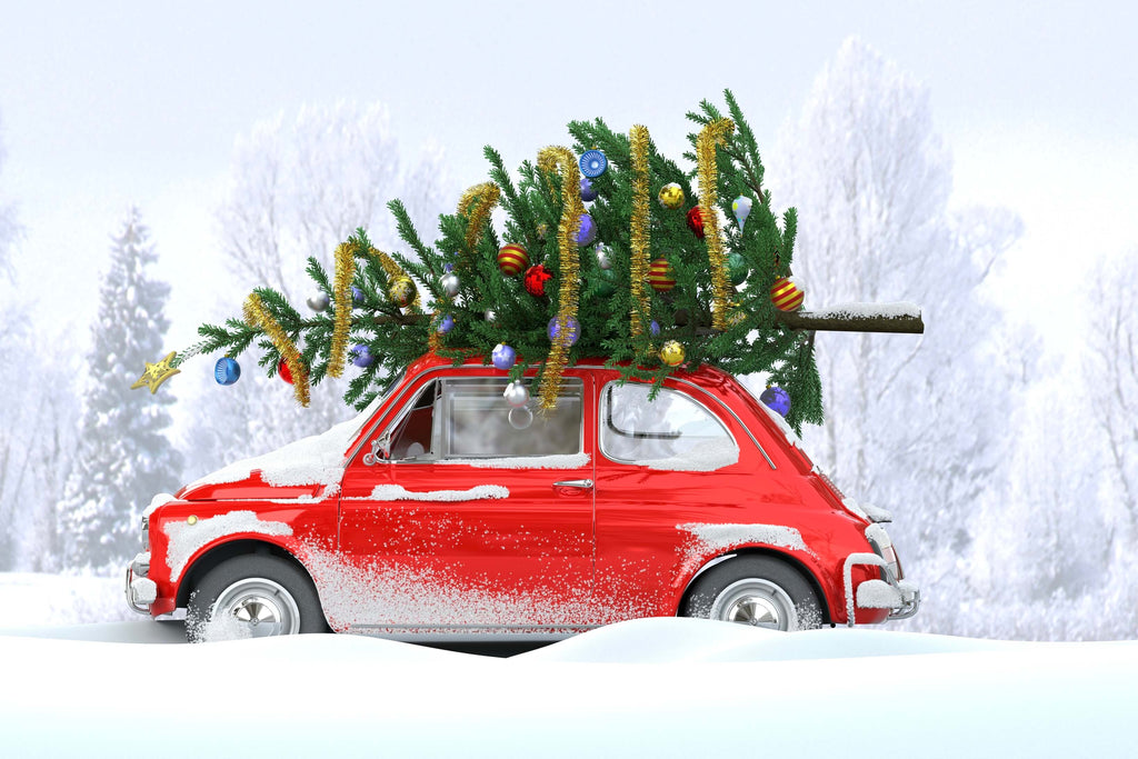 Red car with a christmas tree on top
